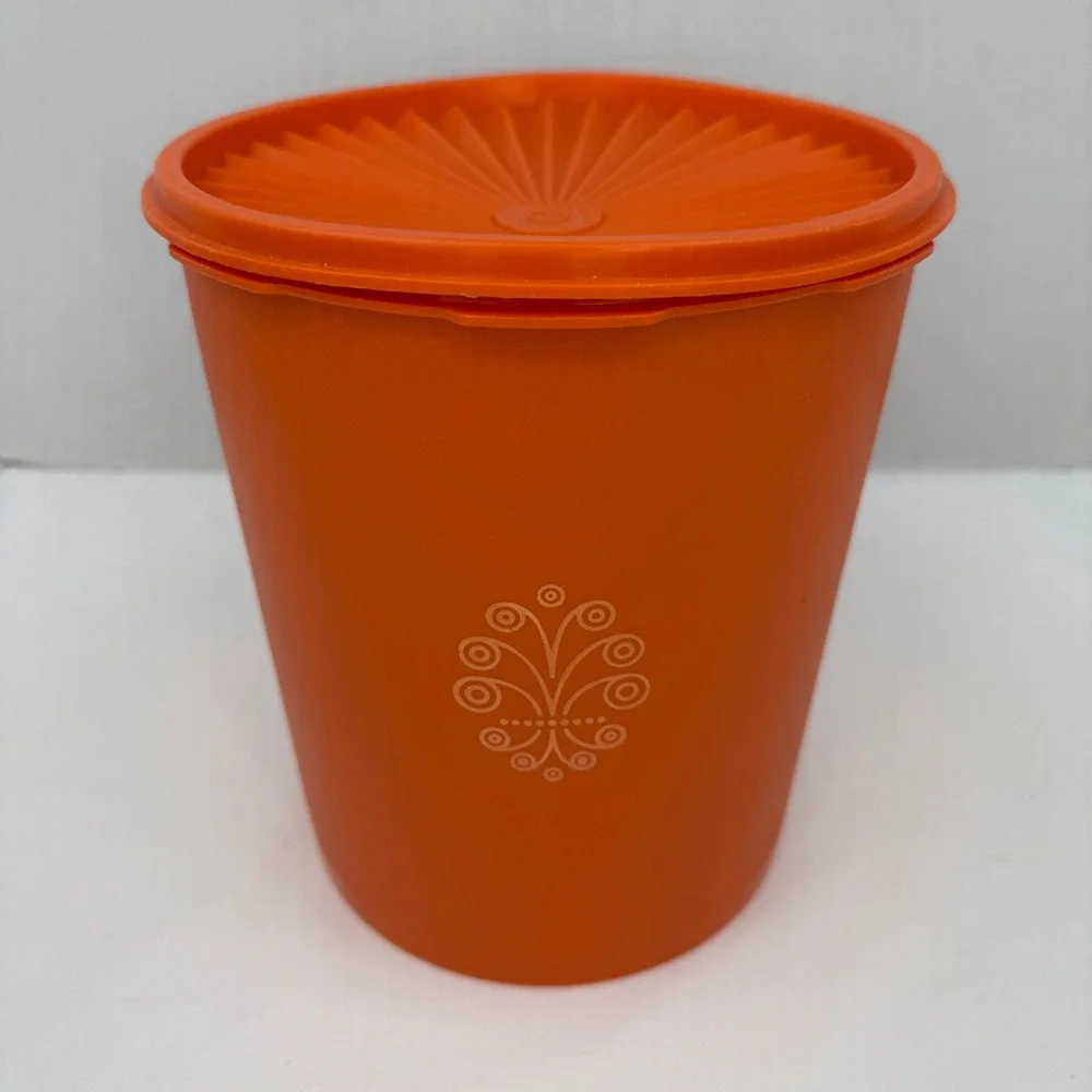Vintage Tupperware Orange Servalier Canister Sunburst Lid 805-3 Retro Kitchen